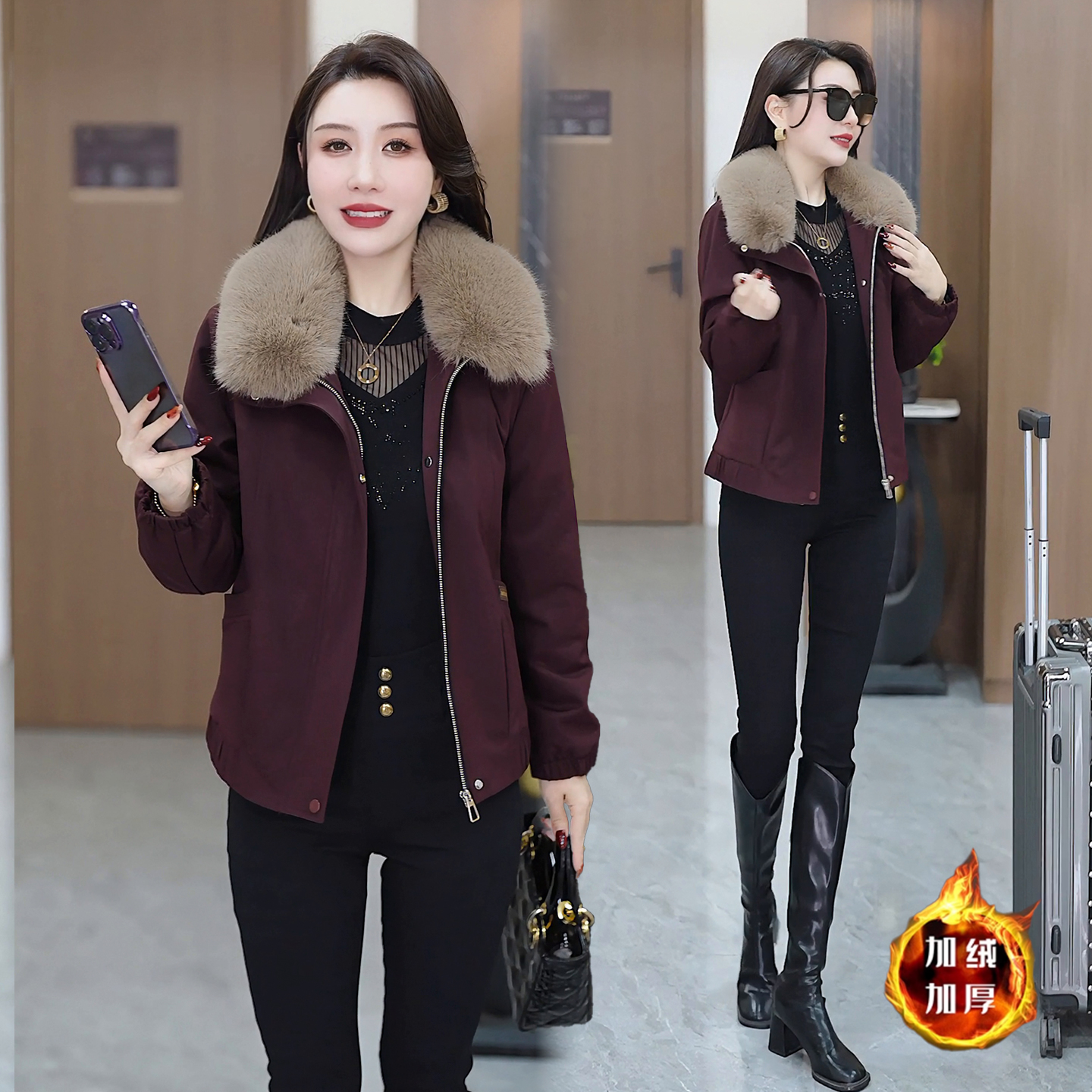 休闲时尚外套女冬季新款加绒加厚加毛领保暖修身小个子气质上衣