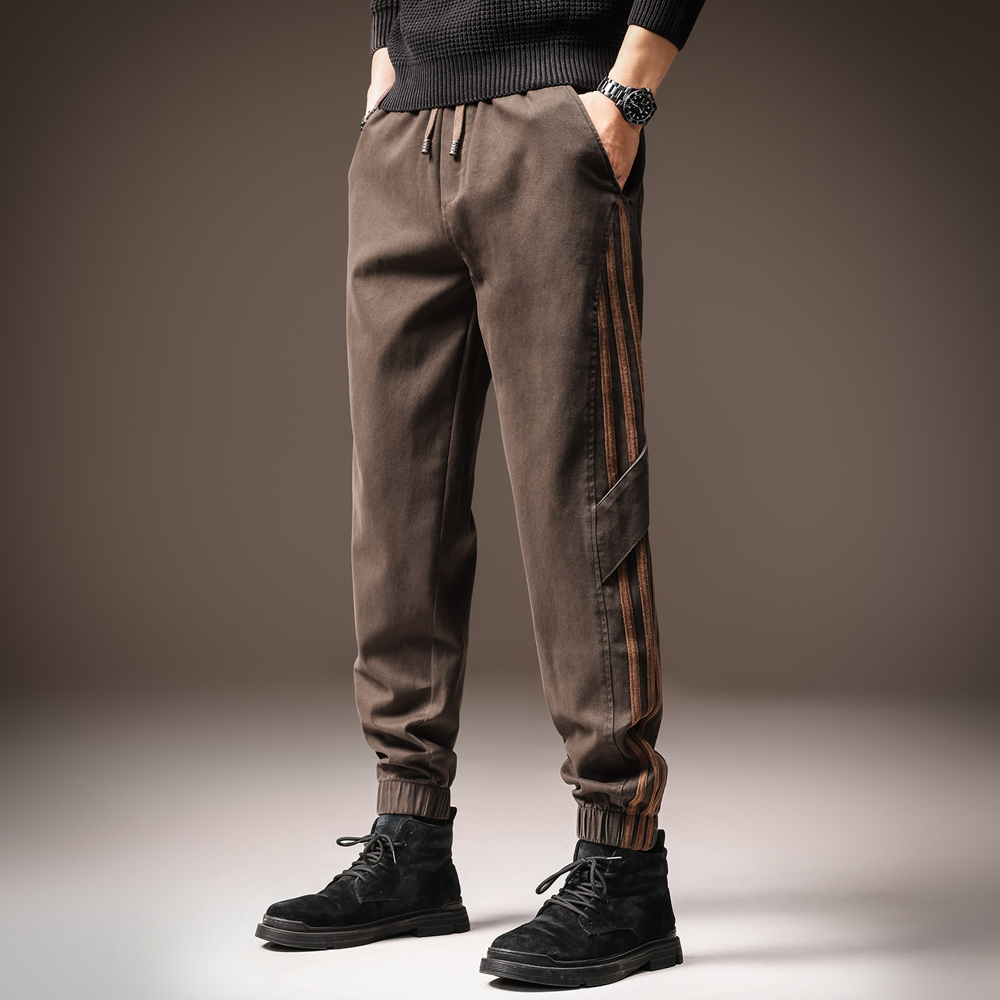 高端美式复古条纹工装裤男士束脚宽松阔腿秋季新款锥形休闲裤子男