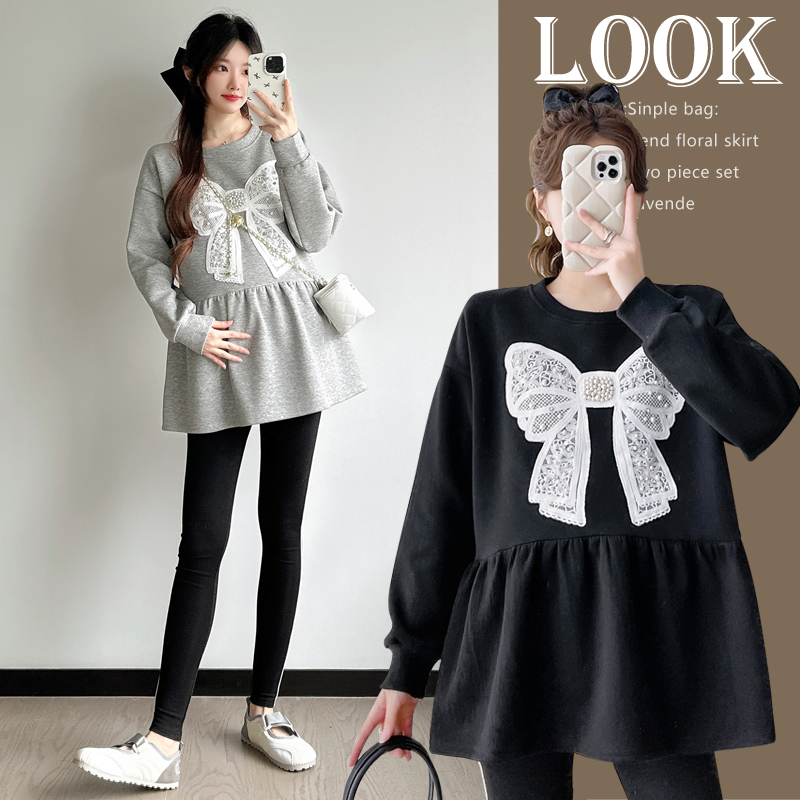 孕妇装春秋冬娃娃衫蝴蝶结显瘦长袖时尚韩版中长款上衣孕妇卫衣
