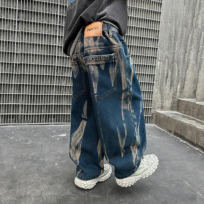 男童裤子春秋款2025新款大童秋装男孩痞帅儿童秋季扎染潮酷牛仔裤