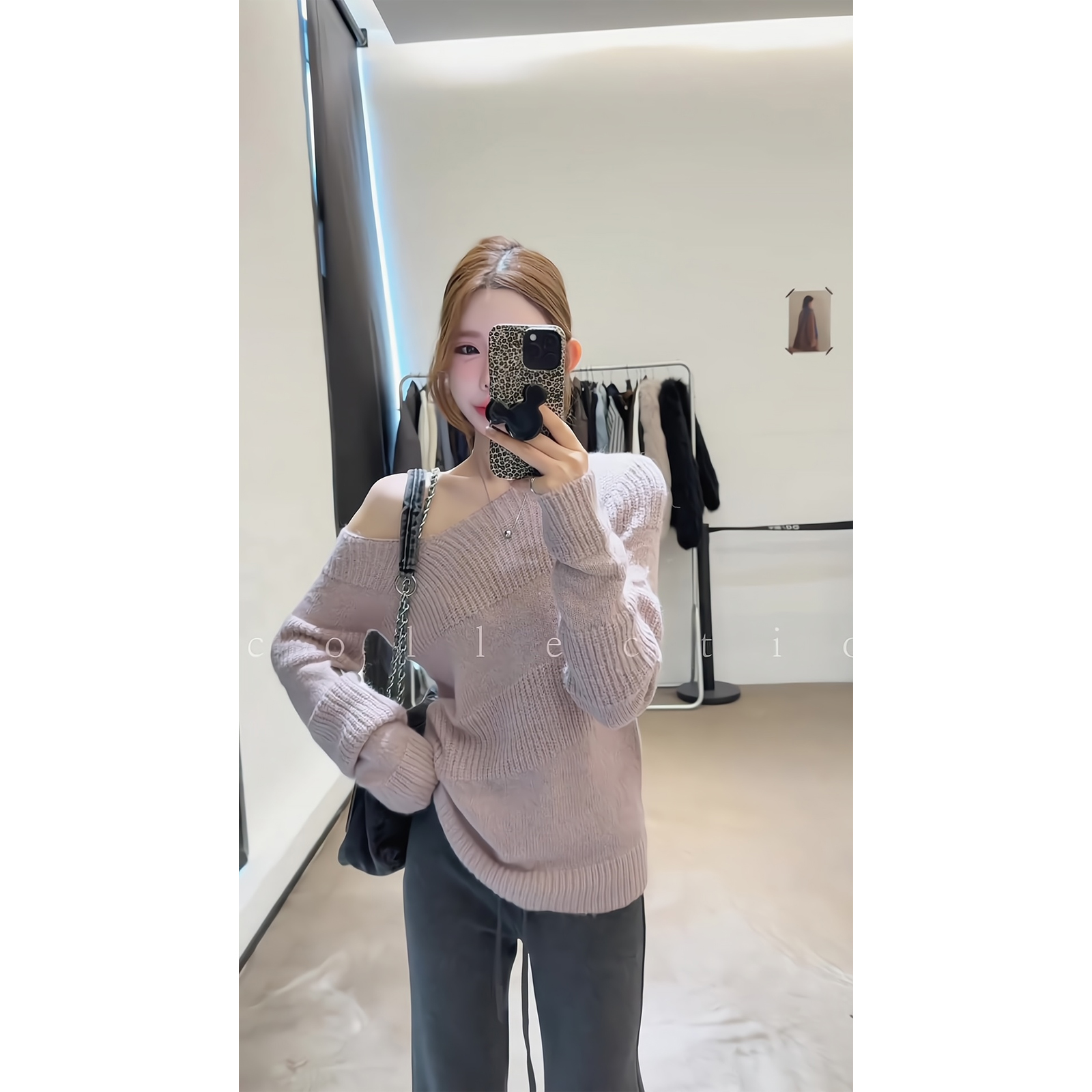 韩系温柔慵懒软糯一字肩毛衣长袖上衣打底衫休闲微喇裤运动喇叭裤