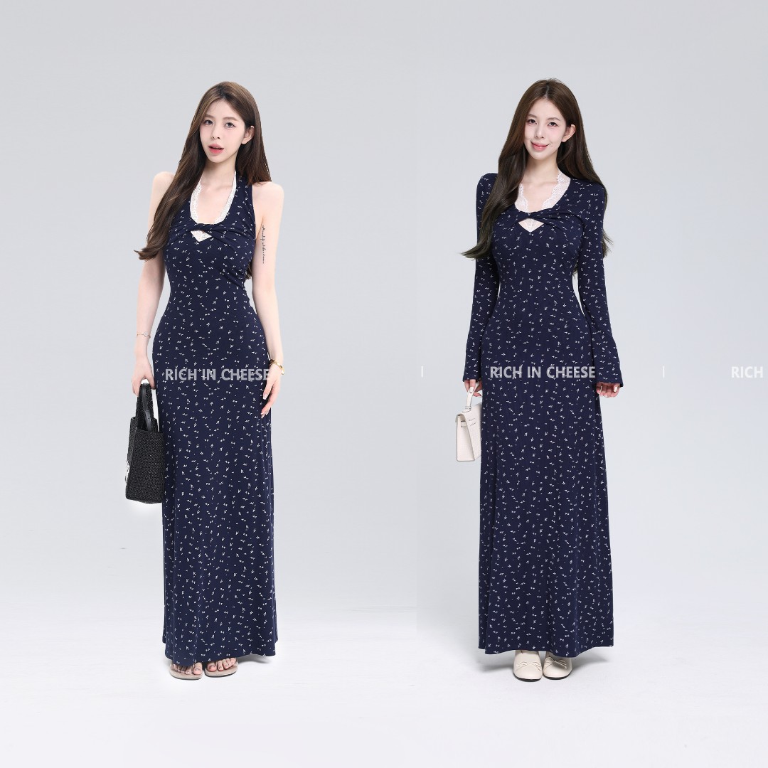 舒胡蕾 韩系碎花 法式碎花拼接蕾丝V领设计感露背收腰连衣裙