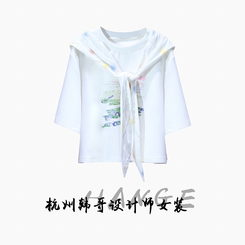 【韩哥女装】2025欧版设计师米白色印花拼接披肩休闲短袖7880-C7