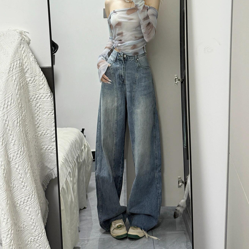美式街头高腰显瘦牛仔裤女2025夏季新款设计感复古水洗宽松阔腿裤