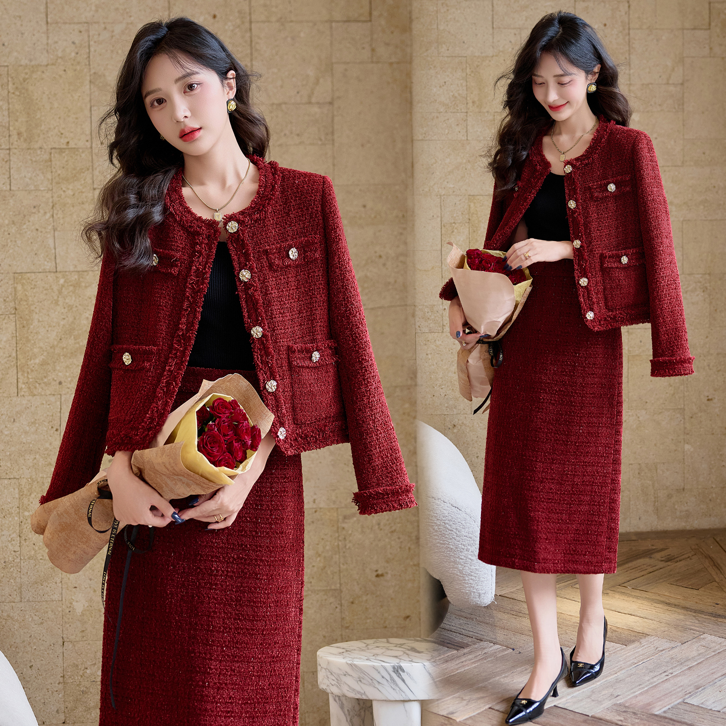 套装小香风显瘦气质小个子时尚红色秋冬2025新款春秋洋气半身裙