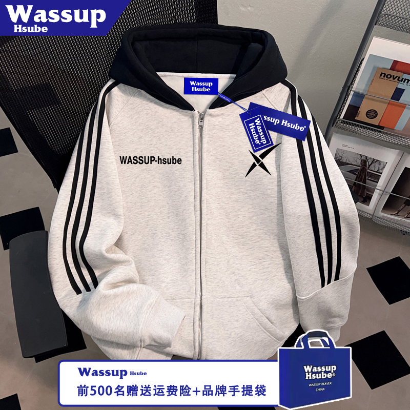 WASSUP HSUBE秋冬季X标字母印花卫衣连帽拉链款开衫ins男女款外套