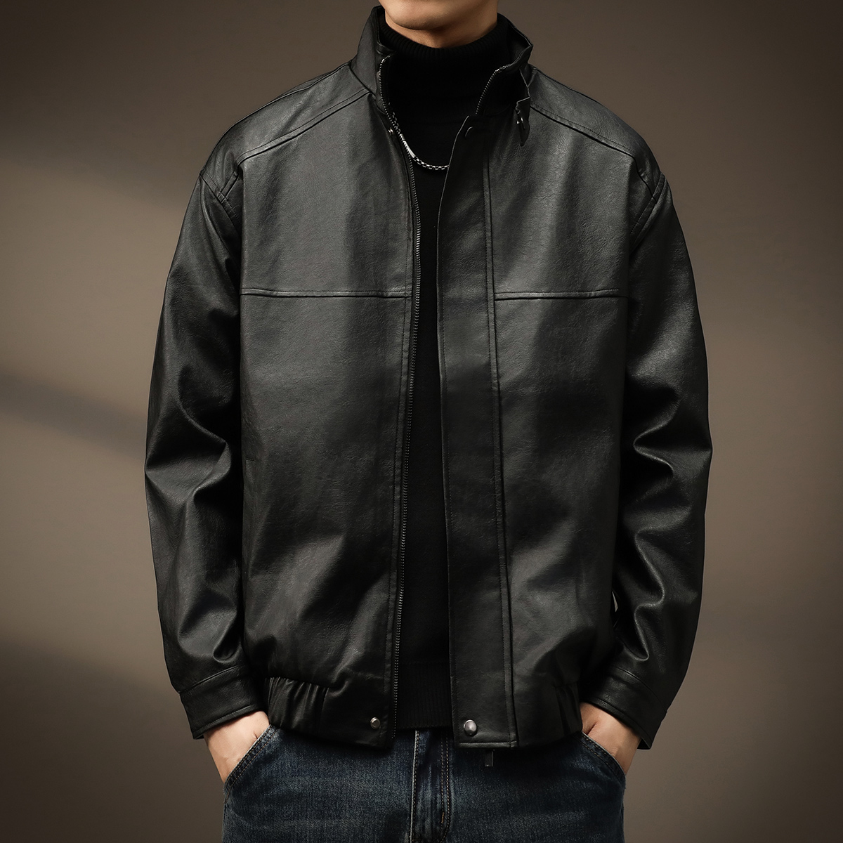 景君澜-品质复古男宽松PU皮衣春秋立领夹克外套时尚都市中年薄款