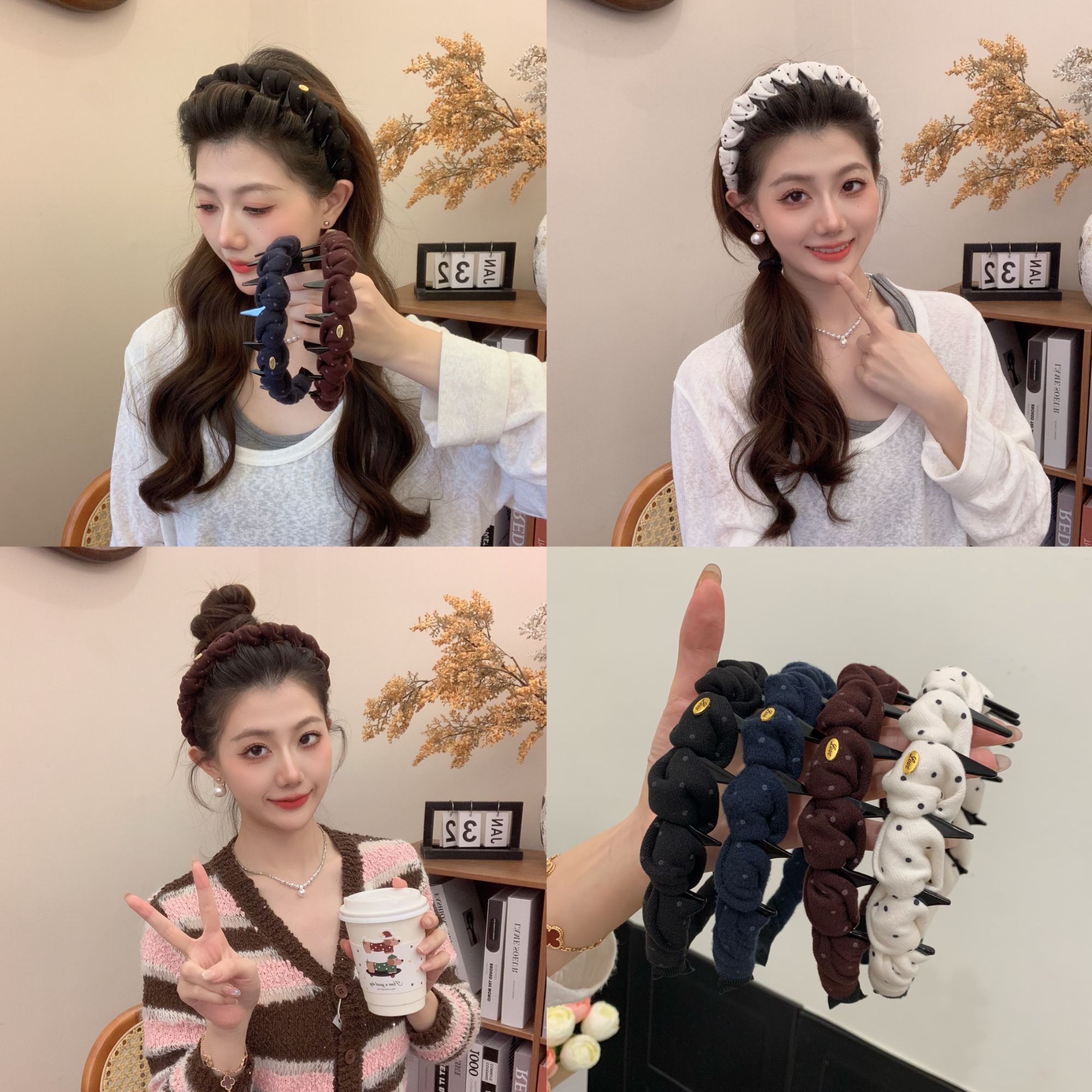 毛呢褶皱波点蓬松发箍女带齿防滑增高颅顶头箍显脸小高级感头饰