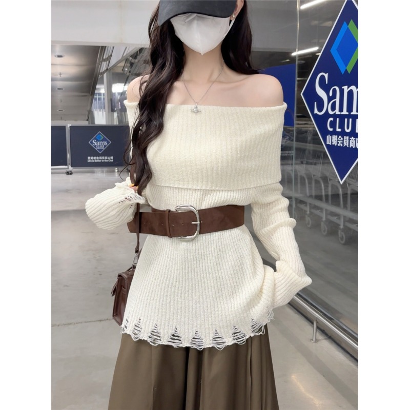 韩系一字肩镂空花边长袖针织衫女2025早秋季宽松显瘦辣妹露肩上衣