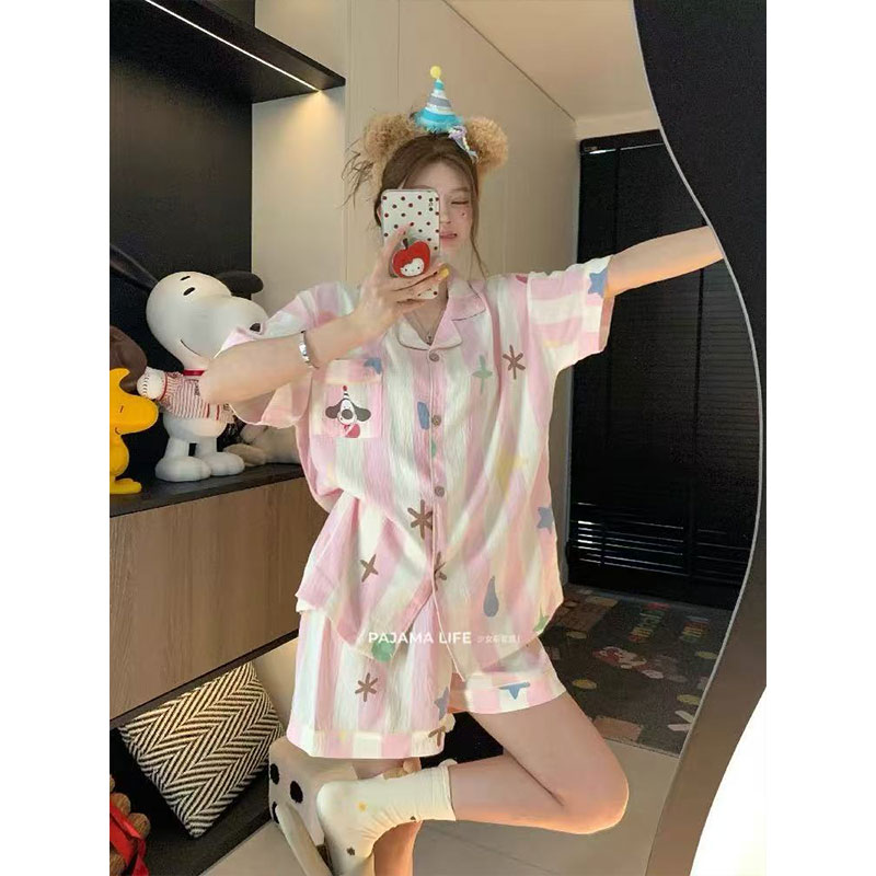 可爱小丑狗条纹云朵棉睡衣女夏季短袖短裤卡通带胸垫家居服可外穿