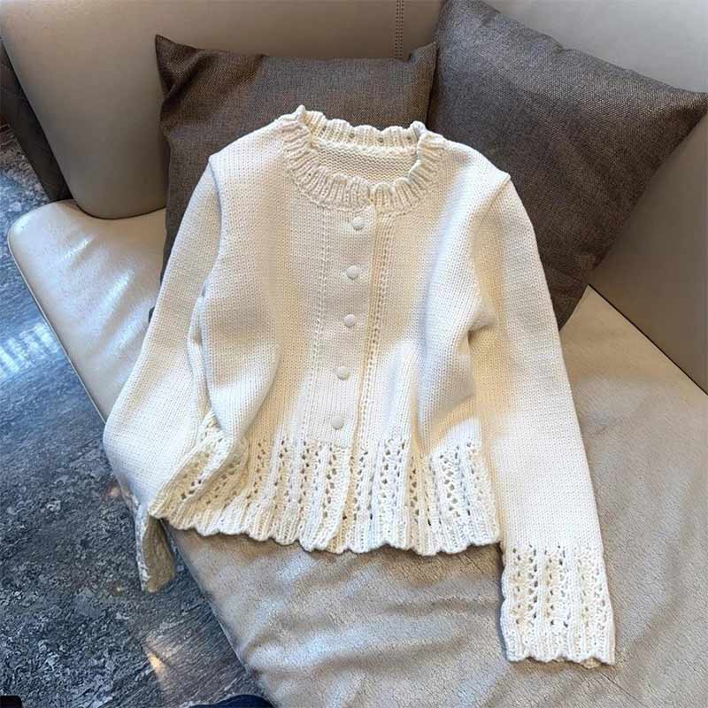 【佩里月光】韩系花边镂空设计小众保暖针织开衫2026秋冬季新款上衣