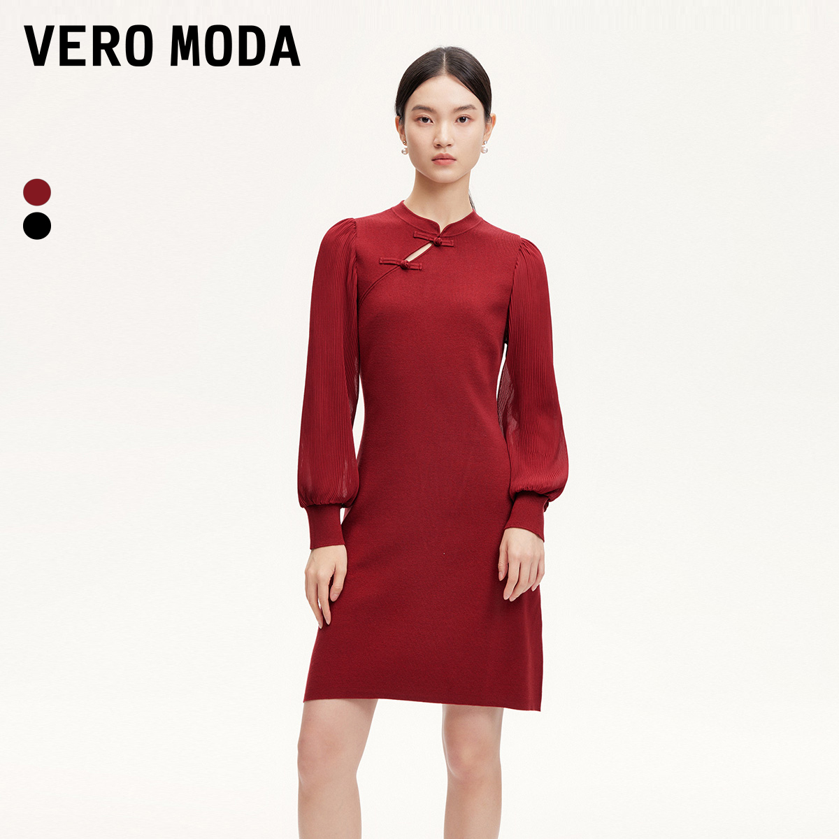 Vero Moda连衣裙女盘扣立领镂空新中式网纱拼接针织洋气轻奢小众