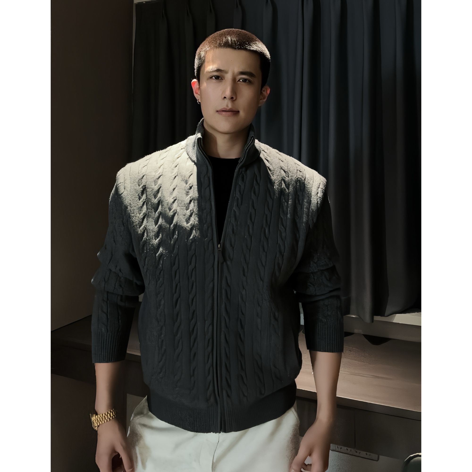 【西博】秋季绞花浮雕针织毛衣男开衫男士休闲立领开衫外套