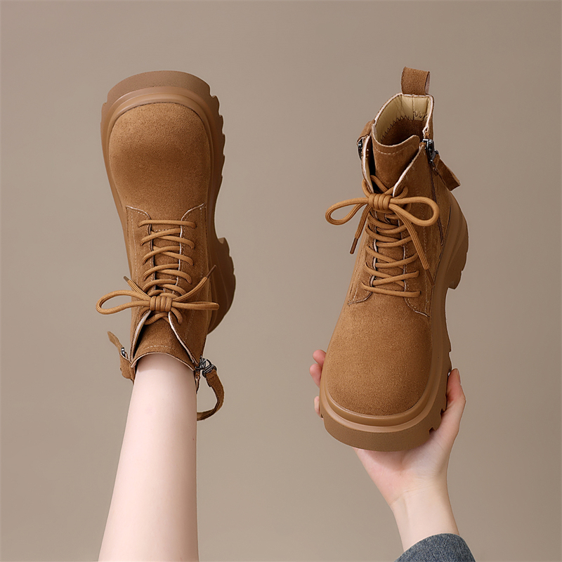 英伦风2025秋季新款磨砂皮系带马丁靴女厚底短筒靴子大头机车单靴