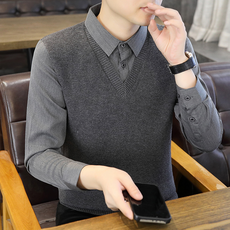 高档假两件毛衣男士衬衫领打底衫秋冬新款时尚百搭潮流帅气男上衣