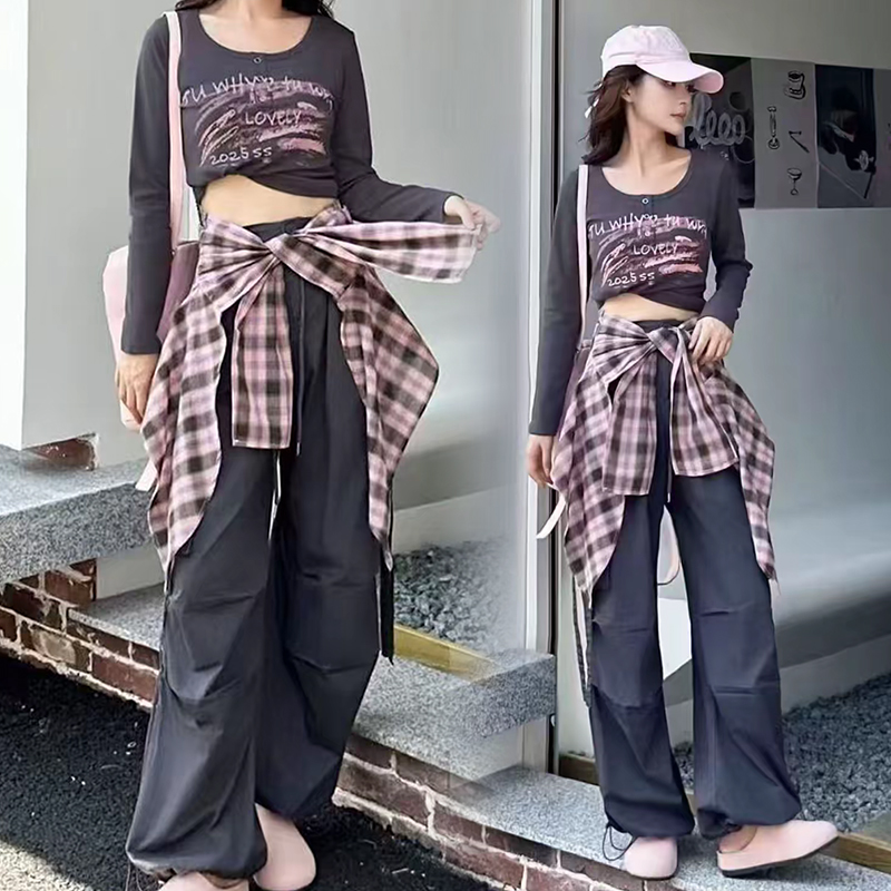 时尚休闲套装女2025秋新款韩版宽松显瘦格子衬衫工装阔腿裤三件套