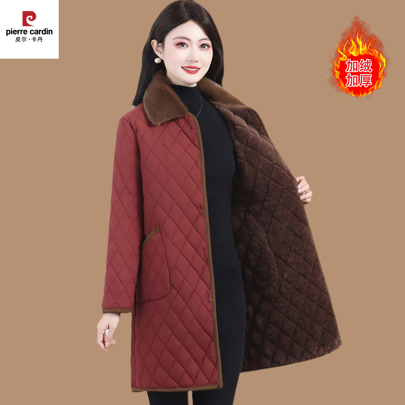 皮尔卡丹妈妈冬装加绒加厚棉衣外套中老年人洋气保暖棉服中长款格