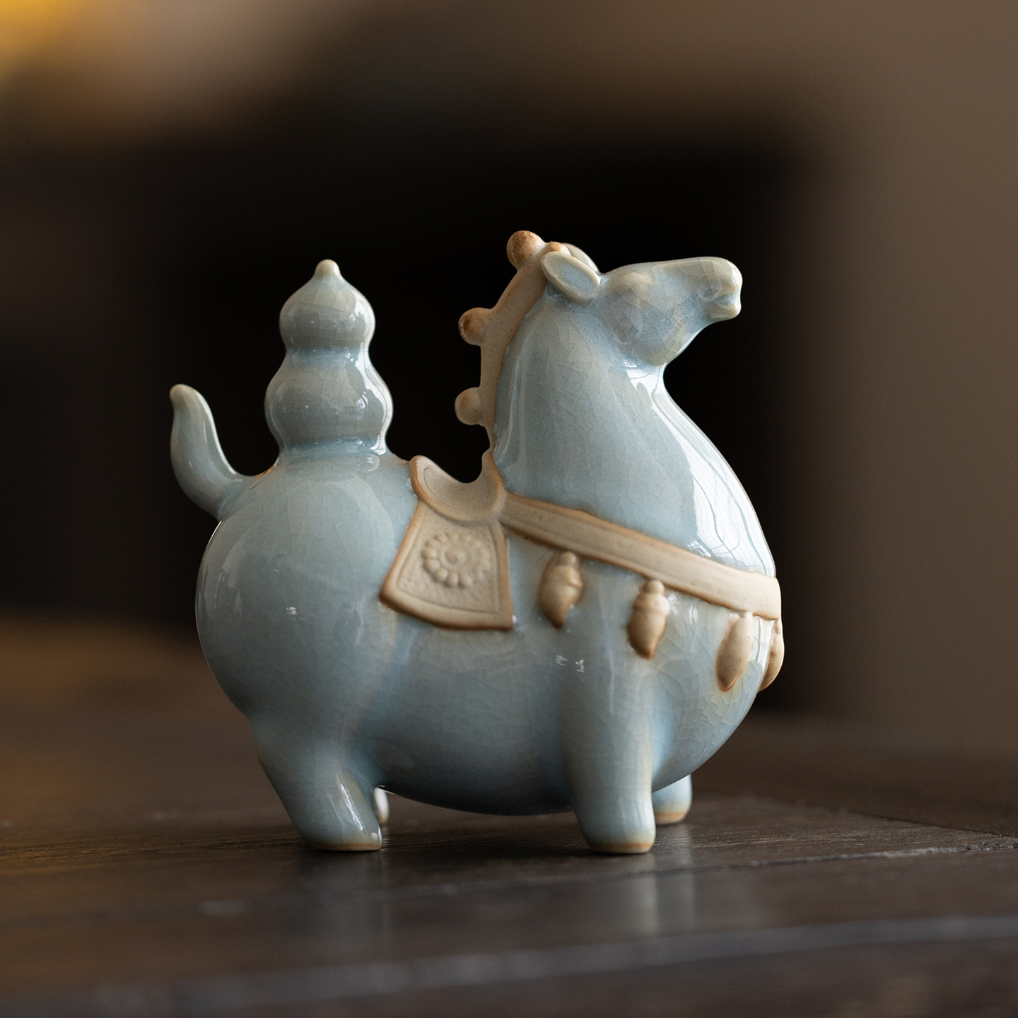 汝窑马上有福禄葫芦小唐马茶宠摆件精品手工茶道桌面摆设家居装饰