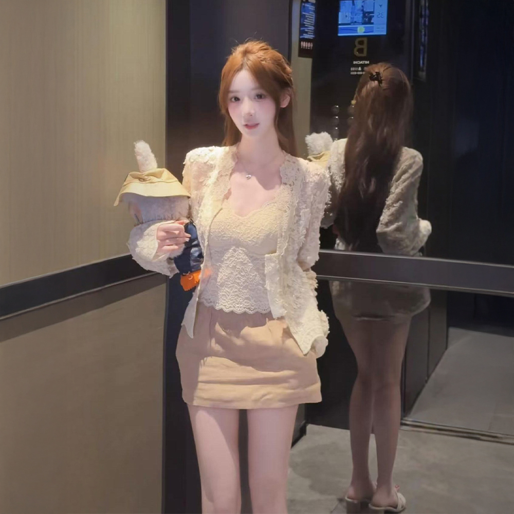 秋季新款纯欲温柔风蕾丝开衫外套吊带背心短裙时尚性感辣妹套装女