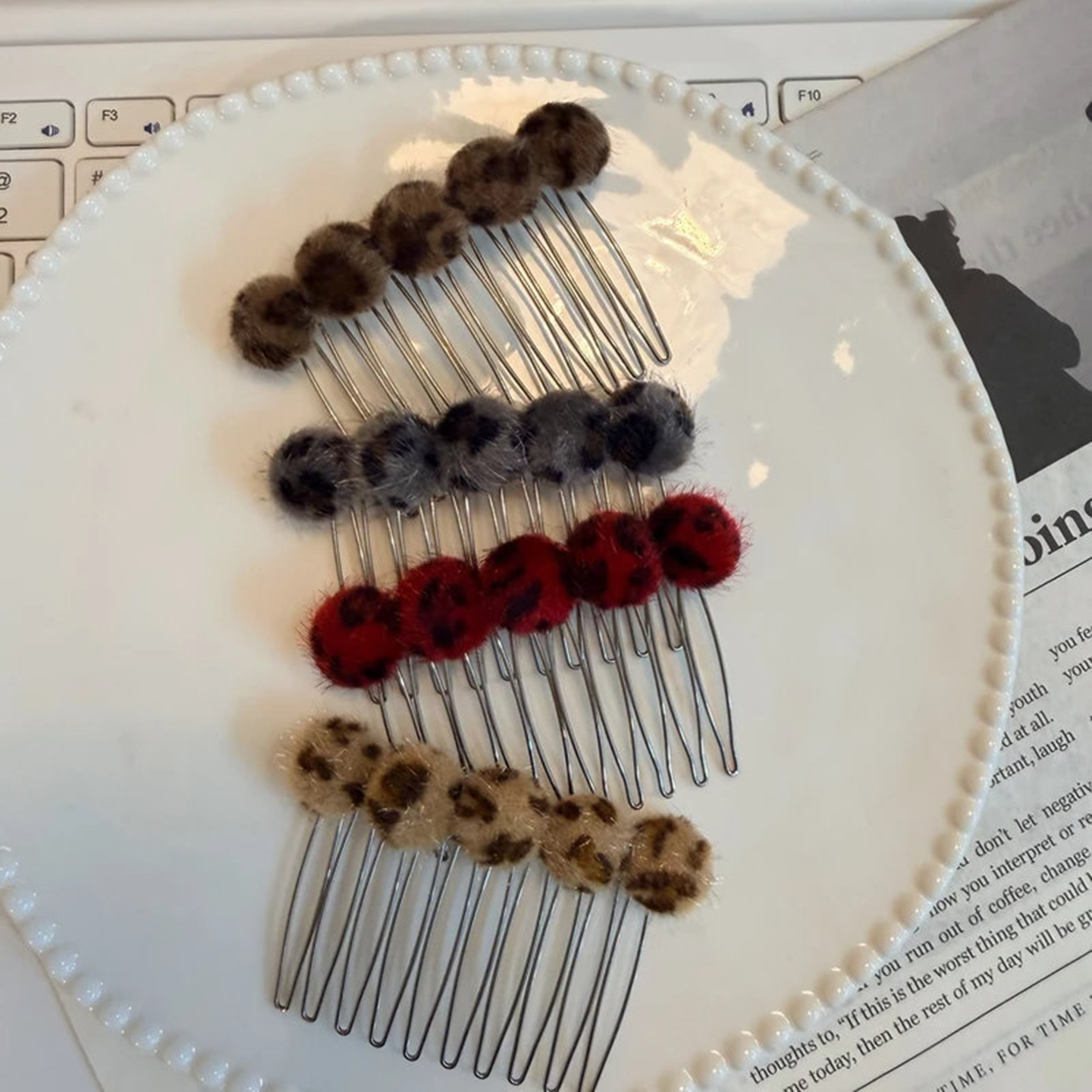 豹纹时代~2025秋冬新款7厘米毛绒豹纹倒插梳碎发高颅顶发梳头饰女