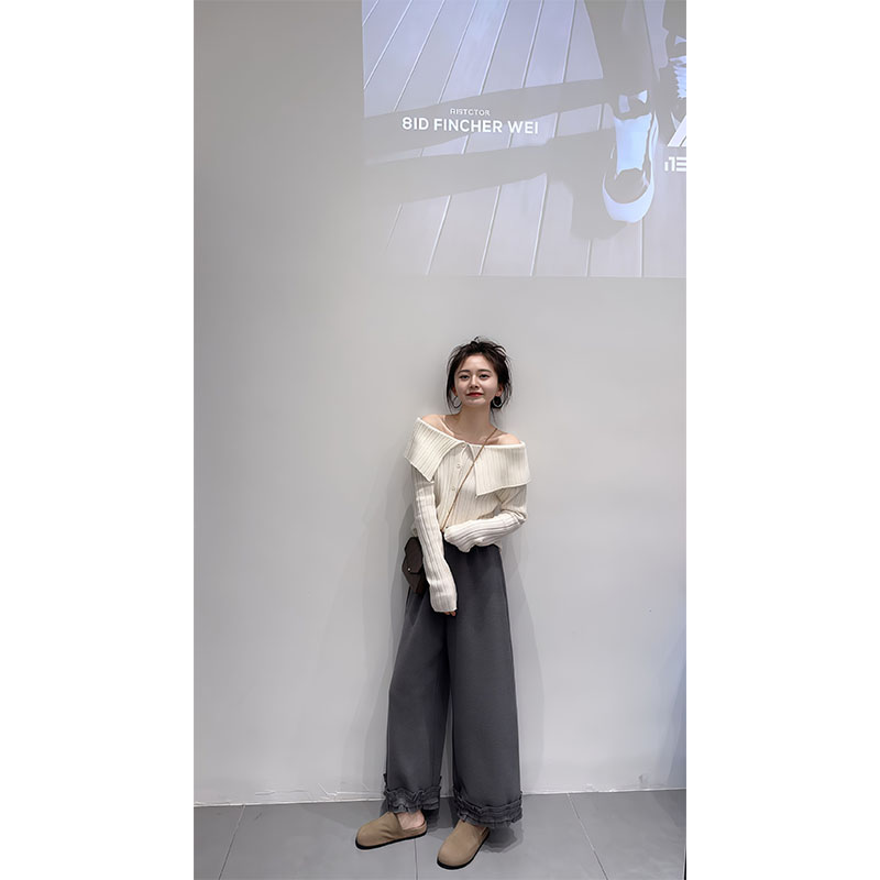 2025秋季新款韩系甜美翻领白色针织衫高腰显瘦木耳花边阔腿裤套装