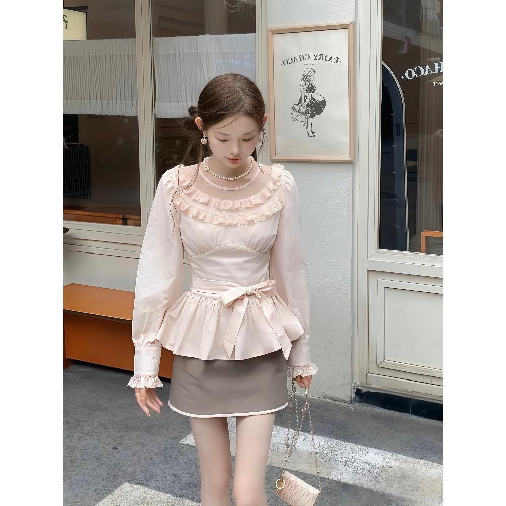 古董奈奈/日系甜美天丝长袖衬衣蝴蝶结女秋季收腰撞色包臀半身裙
