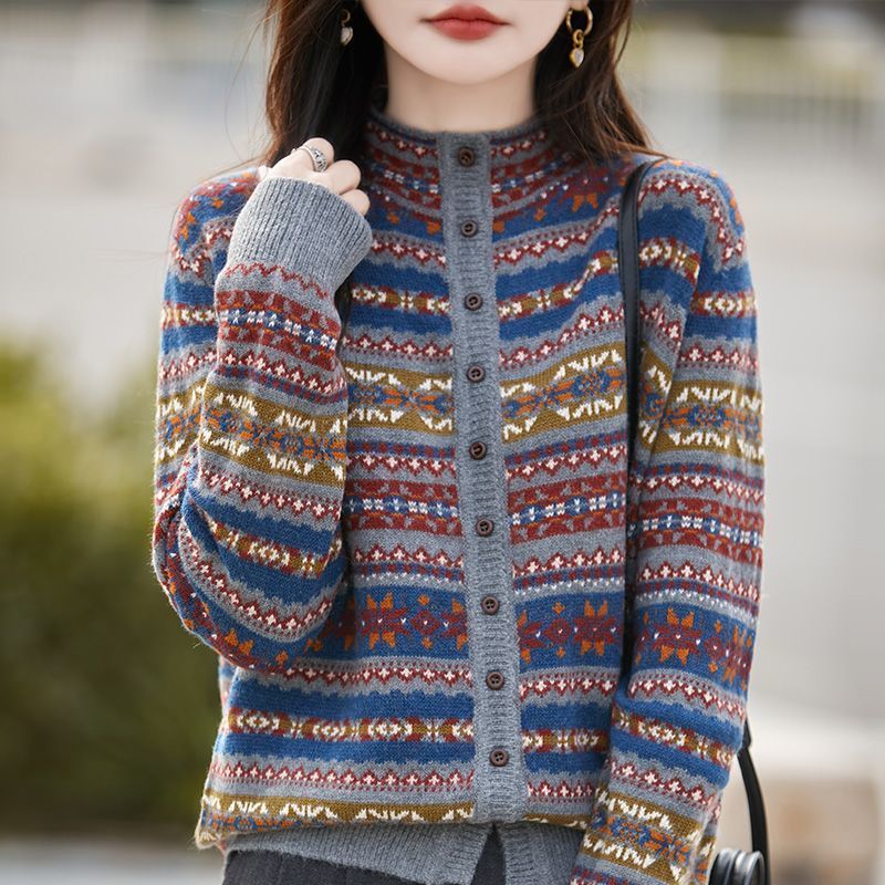 100%正品撤柜羊毛衫新款费尔岛毛衣加厚复古提花高领针织开衫外套