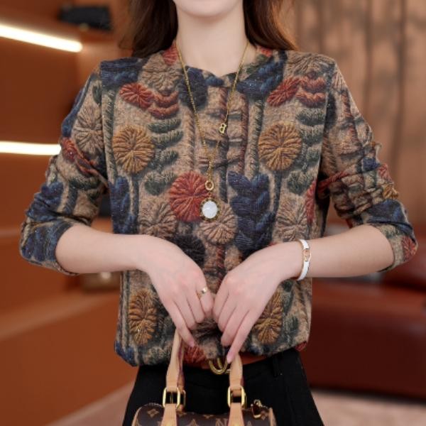 FZ630砚底生花2025新款圆领高端小衫保暖套头时髦长袖上衣打底衫