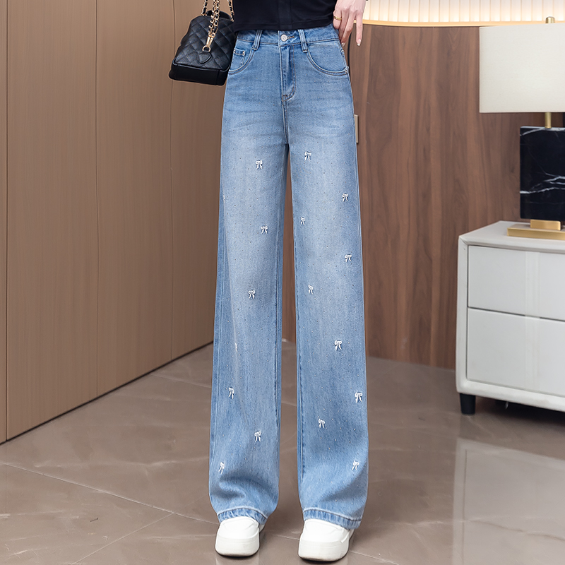 浅蓝色刺绣直筒牛仔裤女春秋季2025新款高腰显瘦垂感小个子阔腿裤