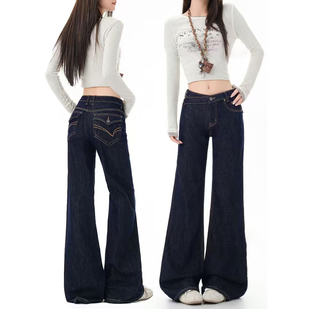 深蓝色丹宁微喇叭牛仔裤女冬季新款辣妹低腰弹力显瘦直筒拖地裤子