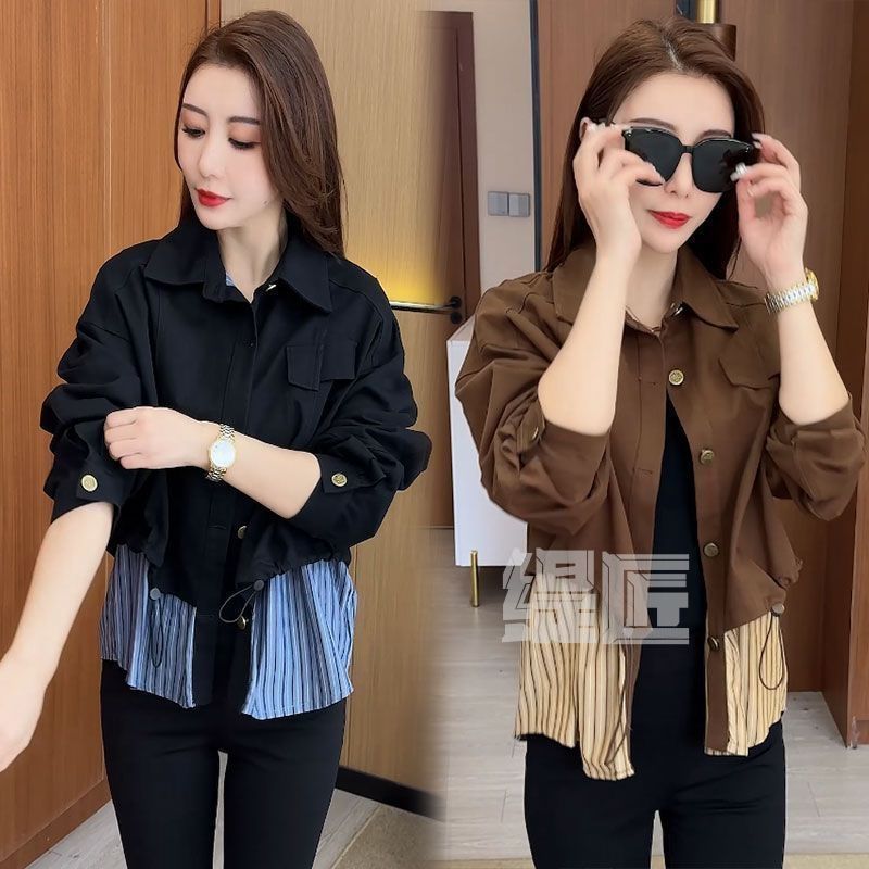 新款时尚拼接牛仔短外套假两件女条纹休闲上衣春秋百搭减龄夹克衫