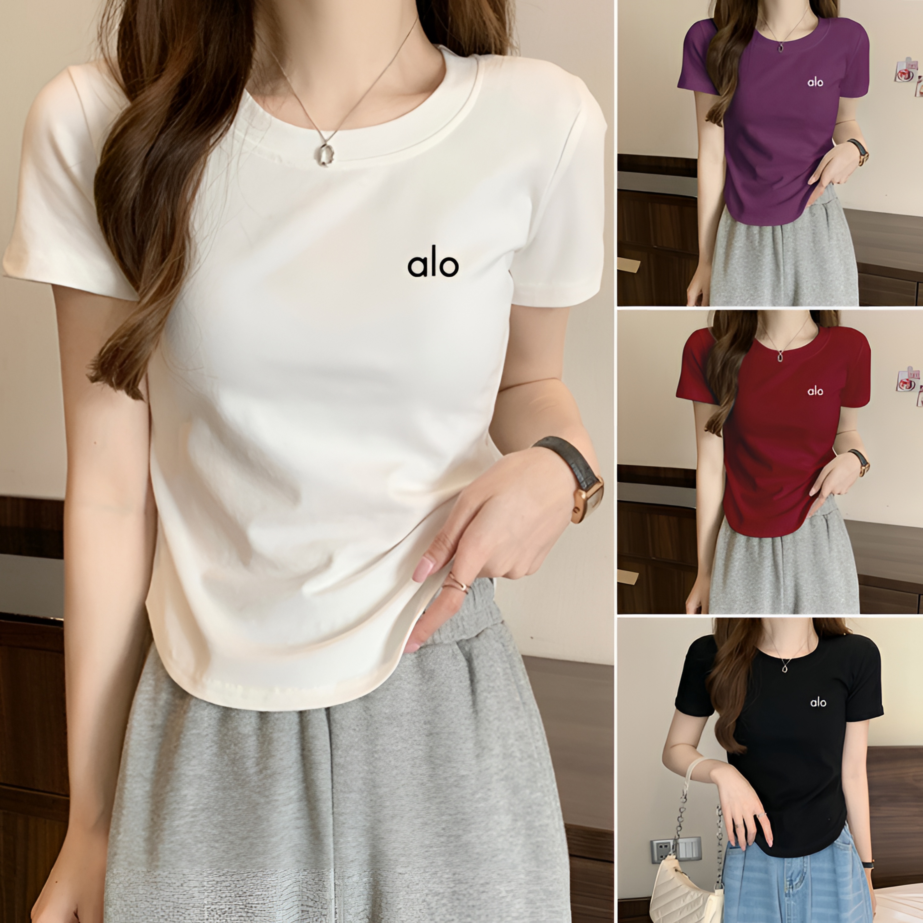 【alo】圆领夏季T恤女短袖百搭半袖不规则设计感修身显瘦印花上衣