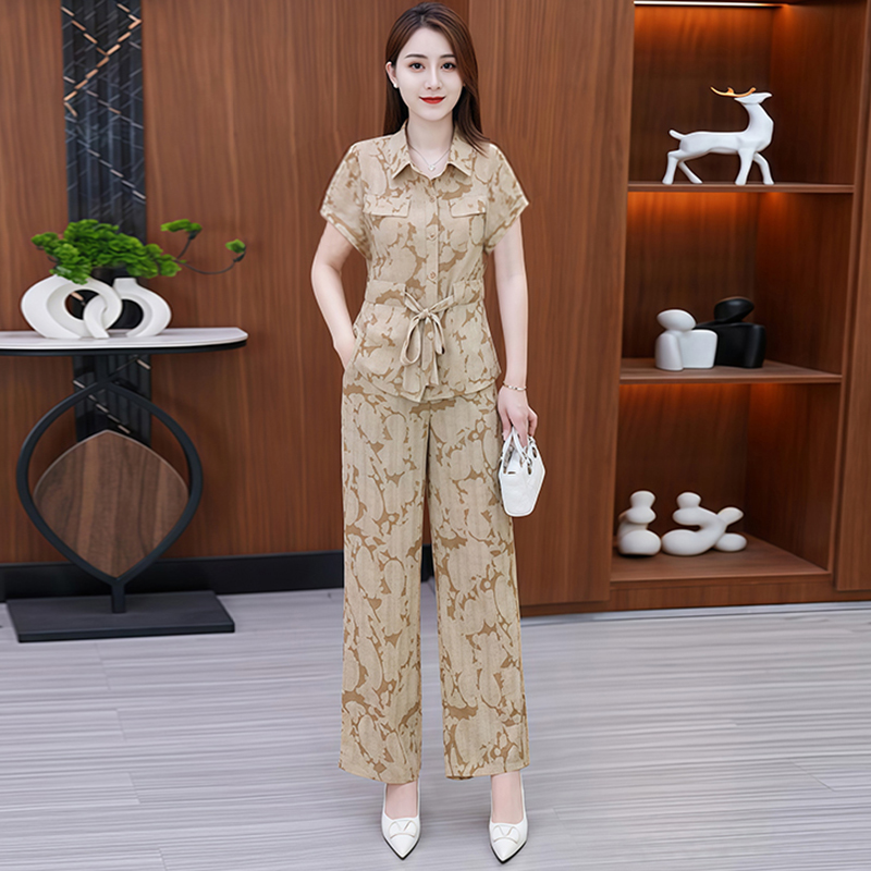 小个子简约拼接短袖套装女2025年夏季新款时髦显瘦阔腿裤两件套潮