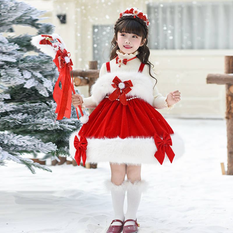 女童加绒洛丽塔圣诞披肩公主裙冬季2025新款小女孩洋气年服礼服裙