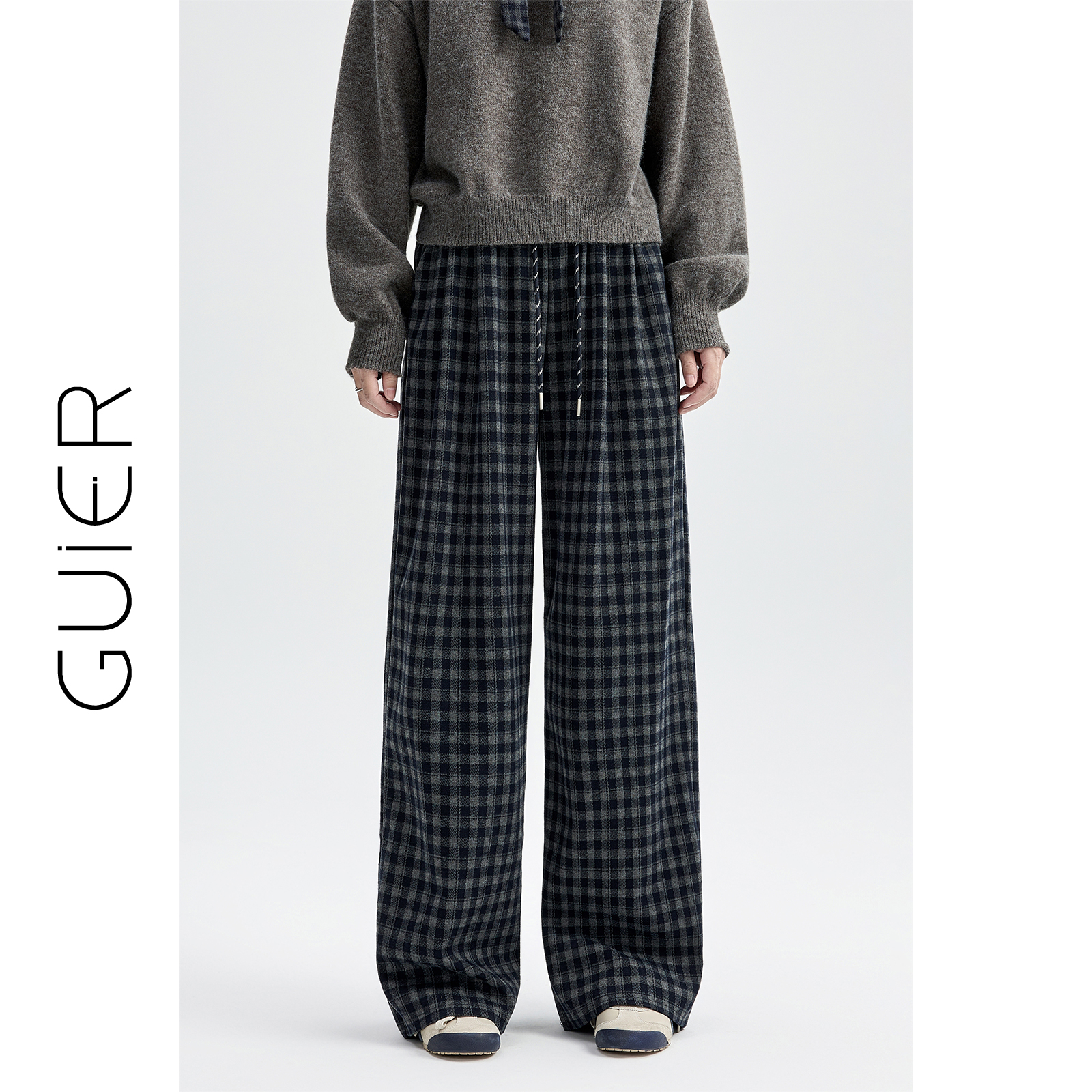 GUIER/桂儿 格子磨毛休闲裤女秋冬2025宽松显瘦高腰阔腿裤SS7221