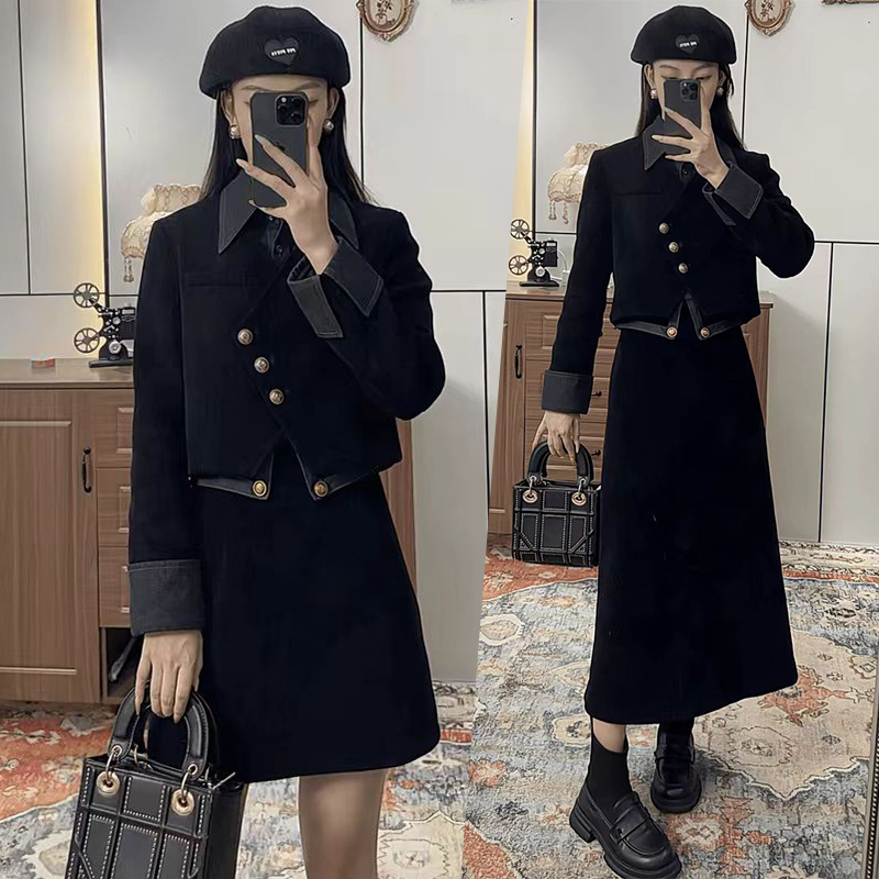 拉夏贝尔时尚套装显瘦假两件外套女2025秋款高腰半身裙两件套