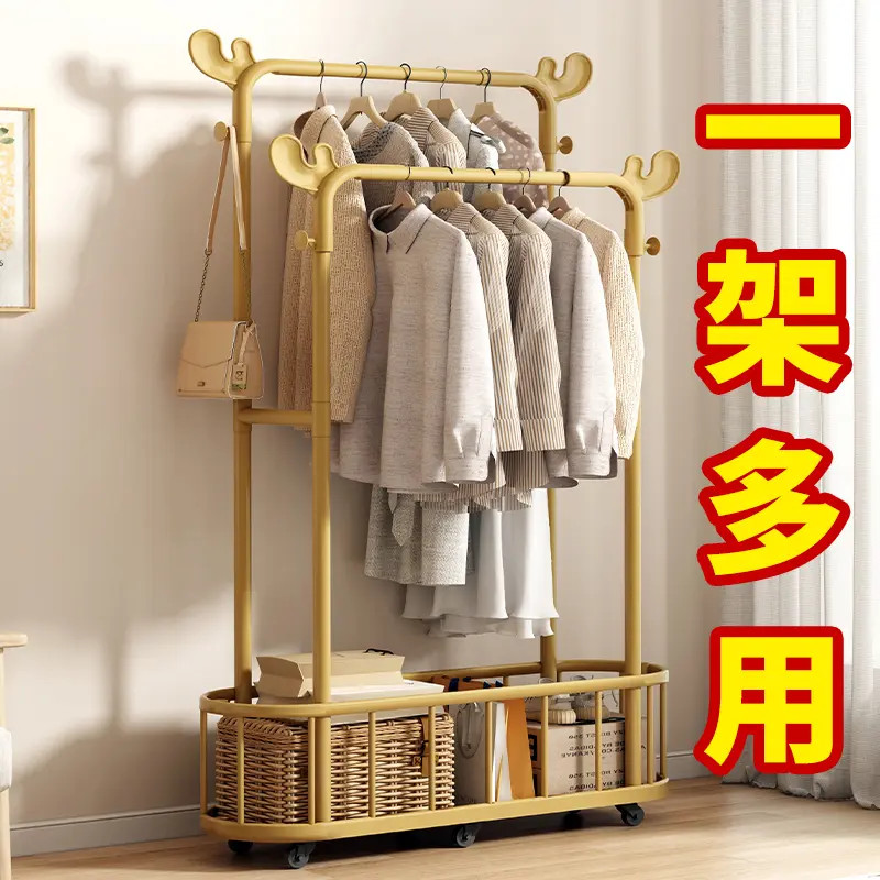 【超稳固支撑】落地移动带轮家用鹿角式衣帽架客厅落地式承重晾