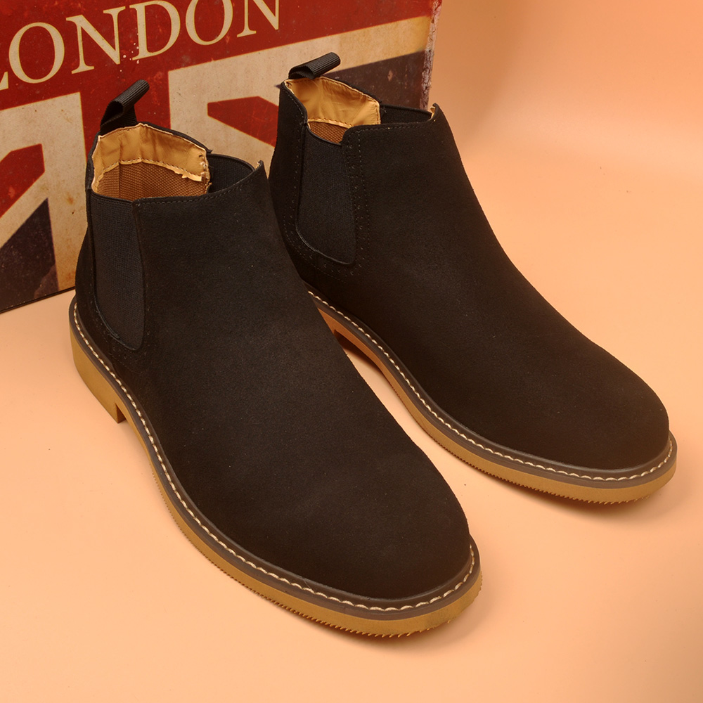 新款男士英伦风尖头磨砂皮真皮皮靴子时尚百搭切尔西短靴子学院风