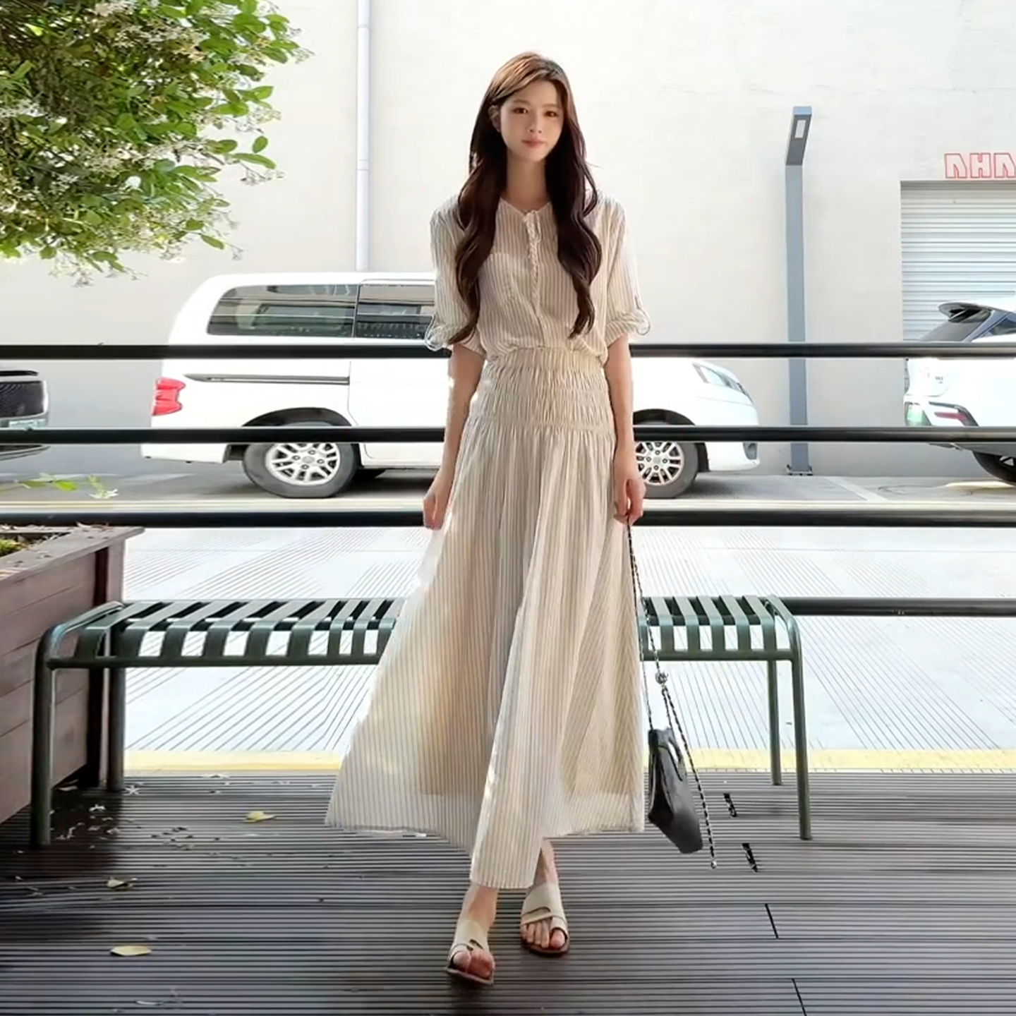 【现货+运贴5米】韩系条纹衬衫连衣裙子女夏季2025新套装长裙4664