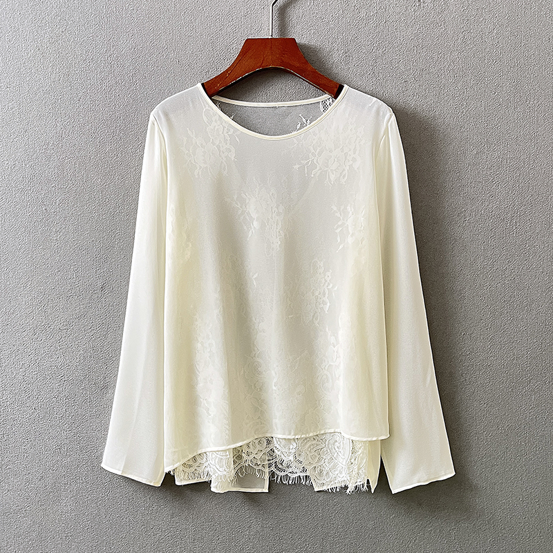 朦胧美不胜收~轻薄透视蕾丝乔其纱假两件宽松防晒衫圆领长袖衬衫