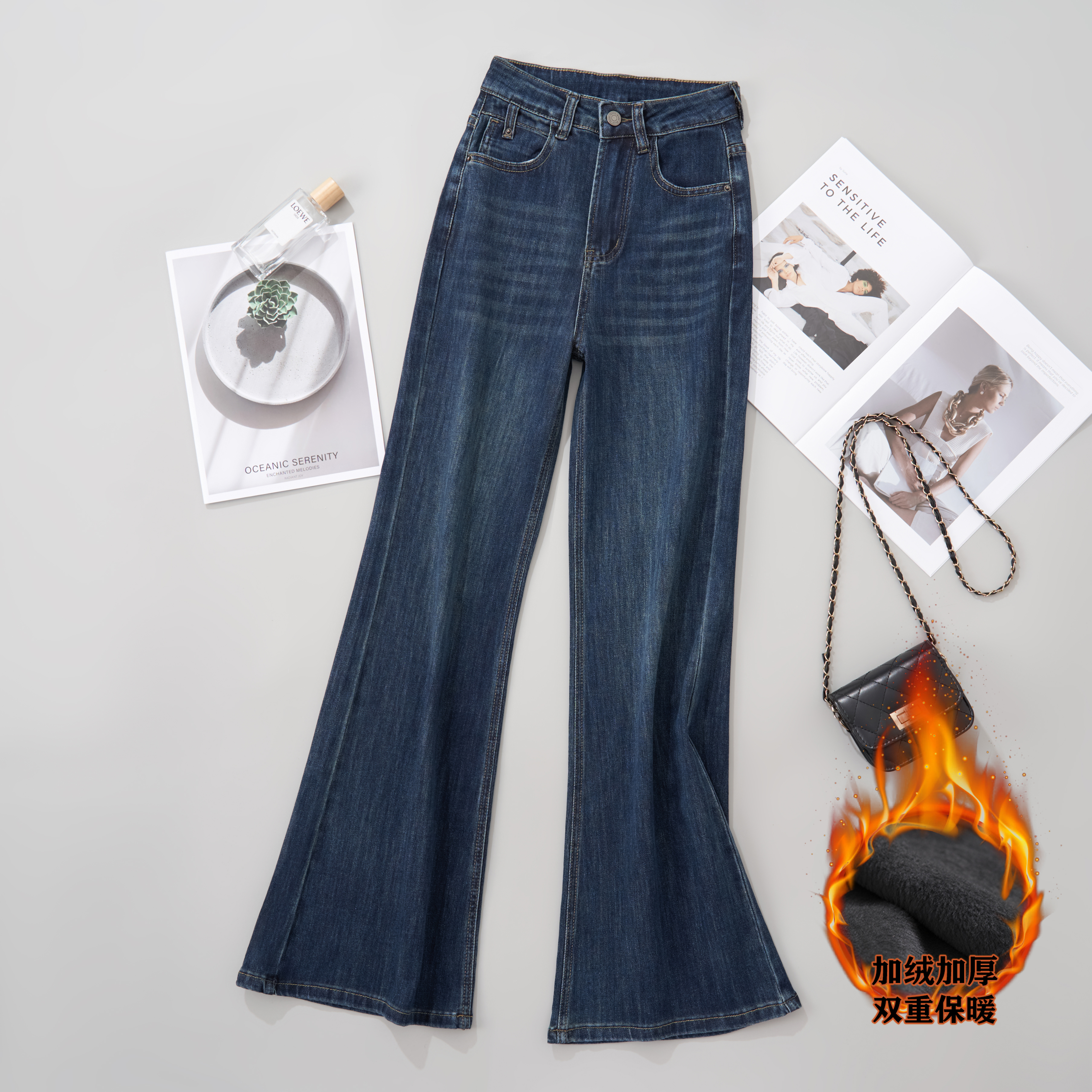 JY加绒保暖不贴腿筒喇裤秋冬季高腰弹力显瘦小个子微喇叭牛仔裤女