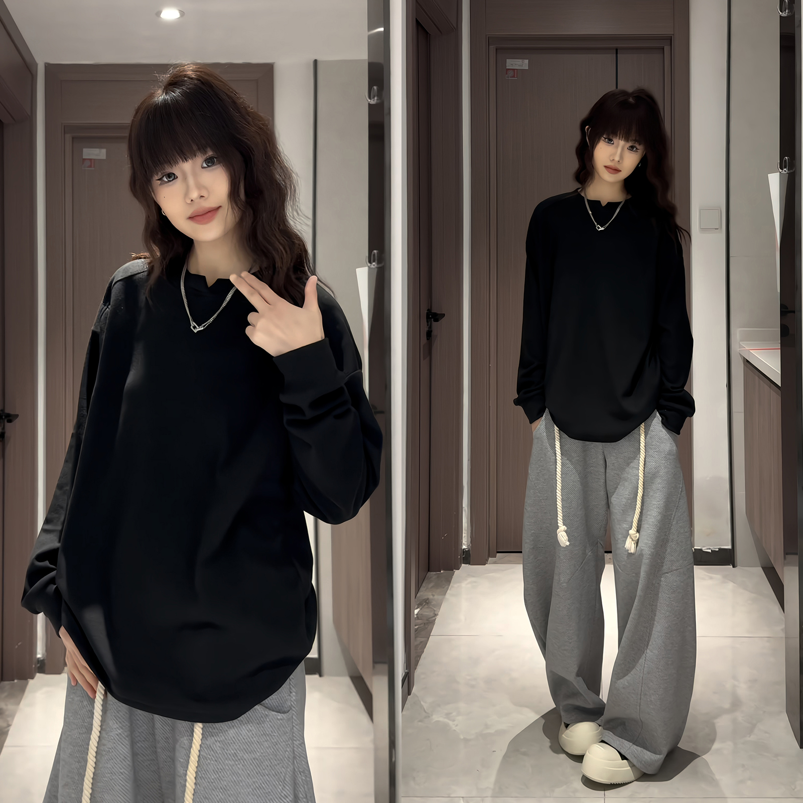 双面德绒小V领内搭长袖T恤男美式潮牌cleanfit卫衣痞帅保暖打底衫