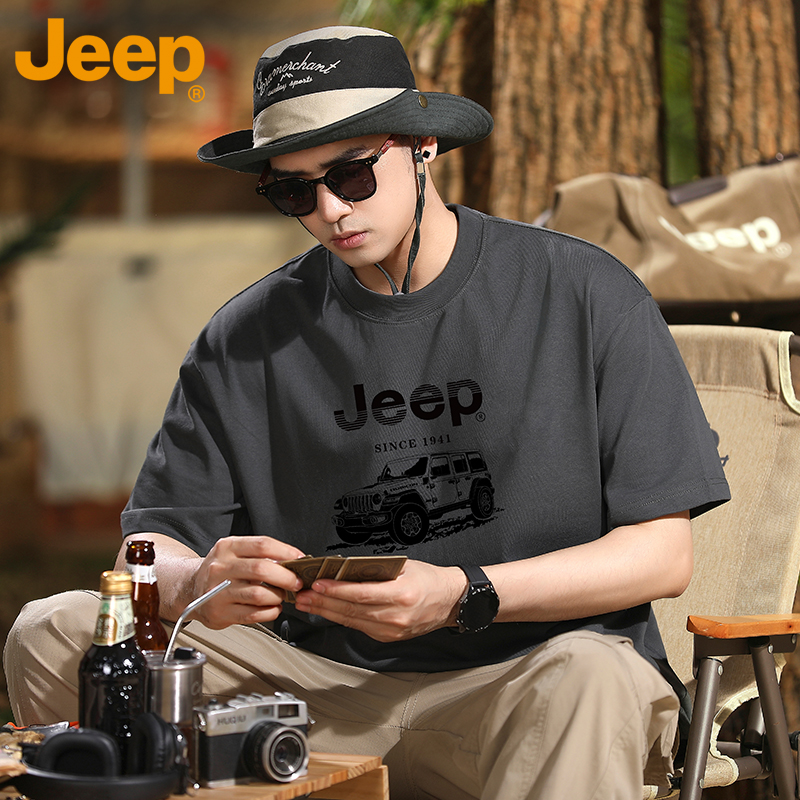 JEEP/吉普美式复古短袖t恤男款夏季宽松高级感休闲体恤半袖打底衫