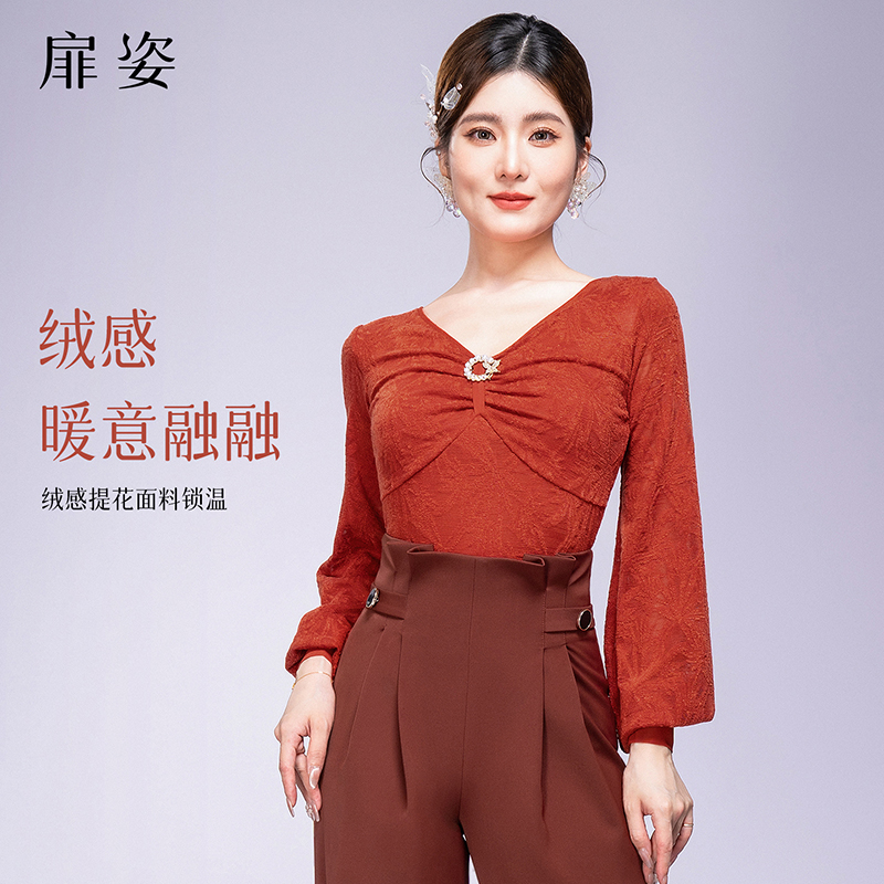 扉姿 摩登舞上衣女秋冬国标拉丁舞练功服厚款灯笼袖交谊舞衣F1322