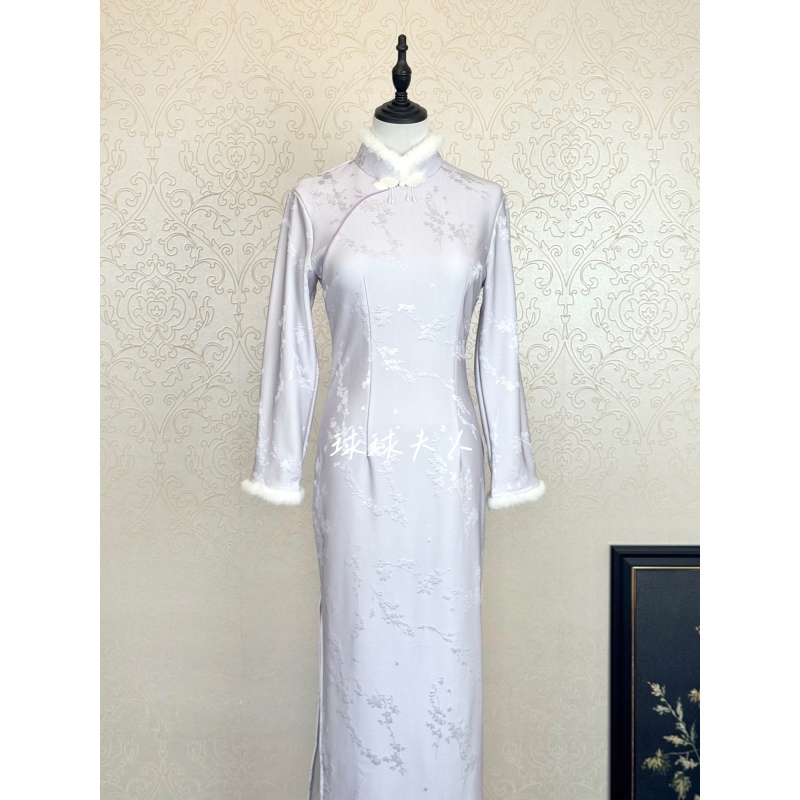 球球夫人丨晚风）122cm冬季加绒单层后拉链长袖紫色显瘦显白旗袍