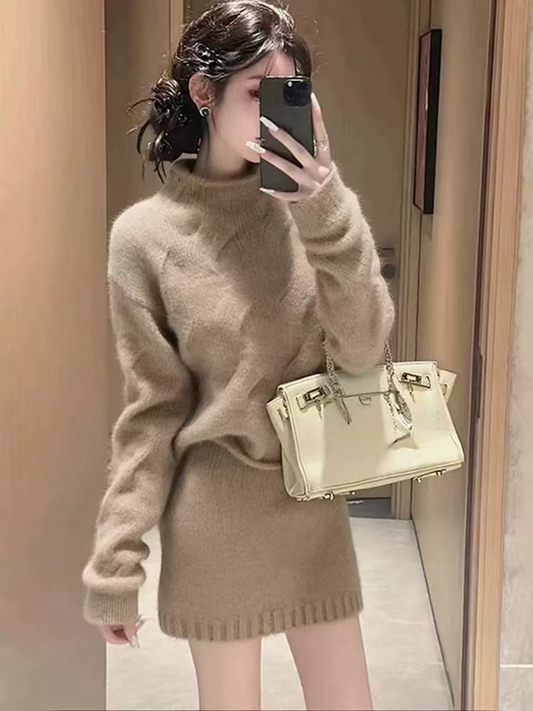 Z242法式驼色毛衣套装女2025新款轻熟风穿搭针织上衣半身裙两件套