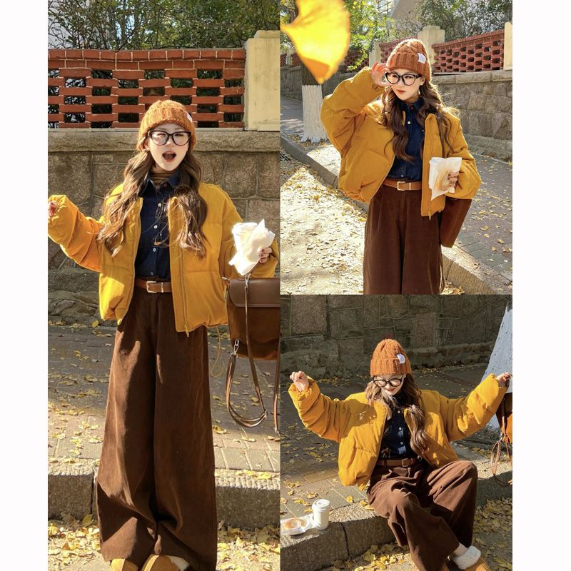 冬季美拉德穿搭套装女2025新款韩版宽松保暖棉服阔腿裤两件套装