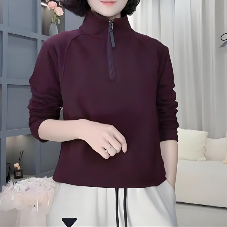 新款保暖德绒秋冬季宽松显瘦洋气百搭半拉链立领纯色时尚妈妈女装