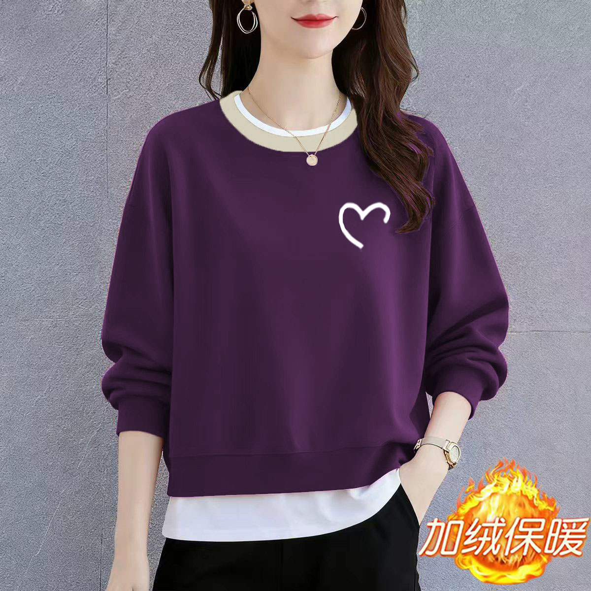 假两件拼接百搭2025秋冬新款华棉短款外套女宽松印花显瘦圆领卫衣