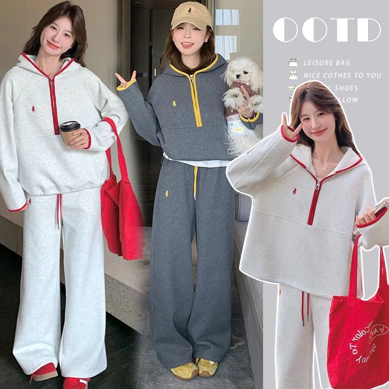时尚慵懒风孕妇装秋装2025新款韩版连帽拉链孕妇卫衣秋季阔腿套装